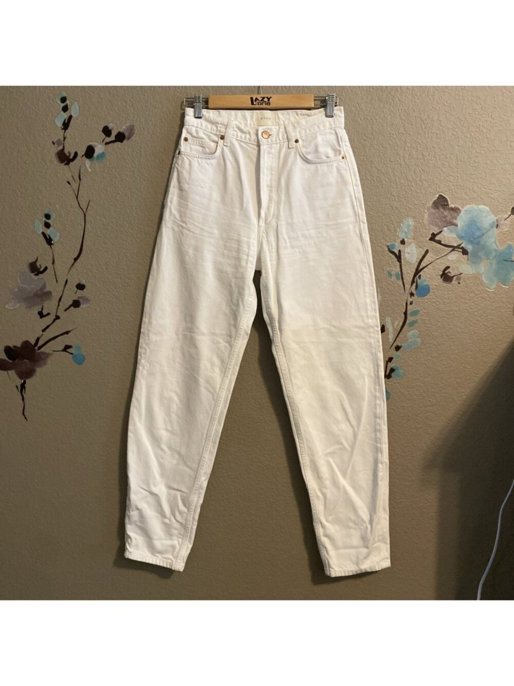 Doen High-Rise Butterfly White Barrel Taper Ankle Jeans 26